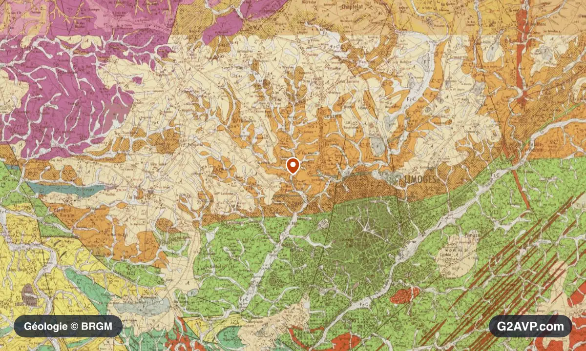 Carte géologique BRGM au 1/50 000 du secteur de Limoges : gneiss en formations dominantes, repère au centre de la commune