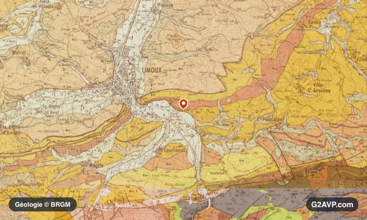 Carte géologique BRGM au 1/50 000 du secteur de Limoux : argiles en formations dominantes, repère au centre de la commune
