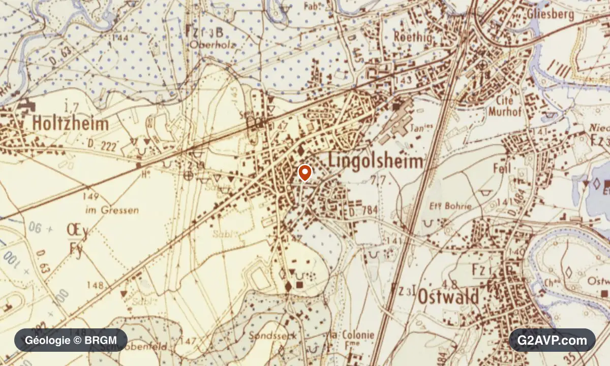 Carte géologique BRGM au 1/50 000 du secteur de Lingolsheim : argiles en formations dominantes, repère au centre de la commune