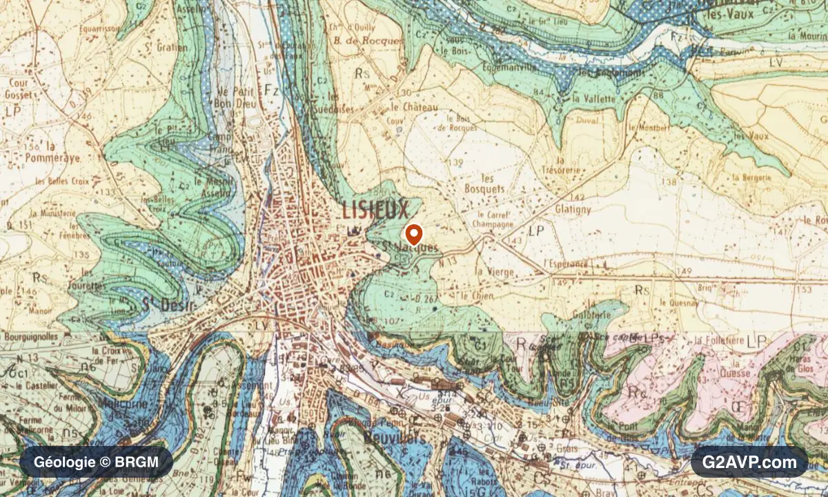 Carte géologique BRGM au 1/50 000 du secteur de Lisieux : calcaires, marnes et gypse en formations dominantes, repère au centre de la commune
