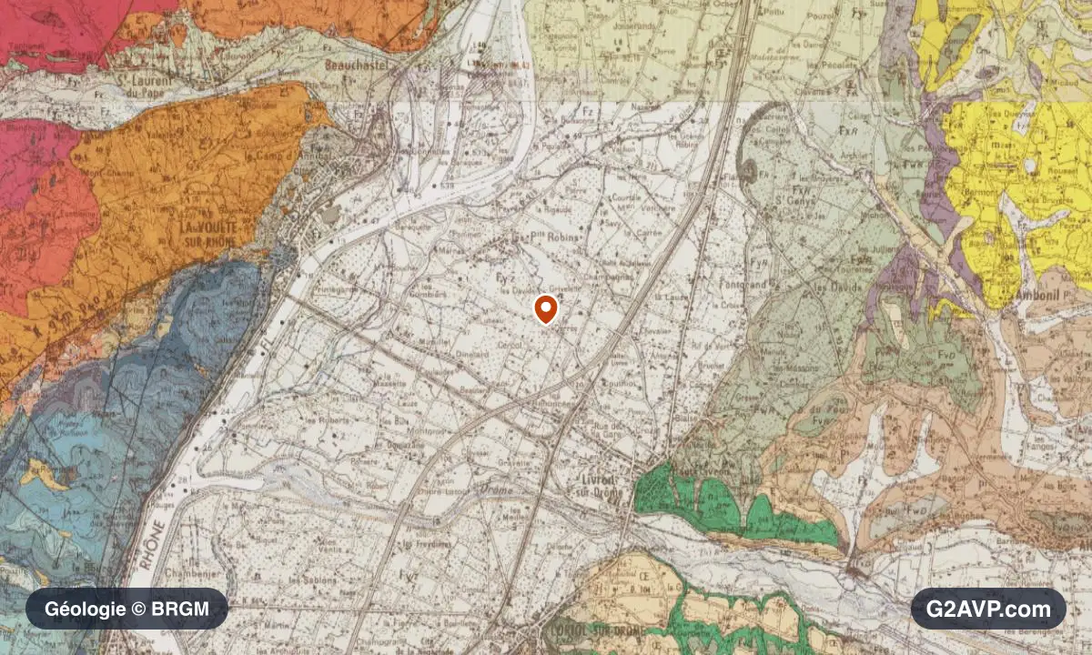 Carte géologique BRGM au 1/50 000 du secteur de Livron-sur-Drôme : sables en formations dominantes, repère au centre de la commune