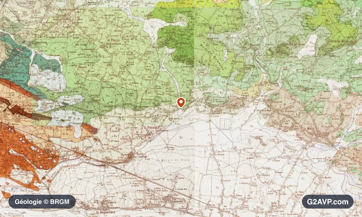 Carte géologique BRGM au 1/50 000 du secteur de Loire-Authion : craie en formations dominantes, repère au centre de la commune