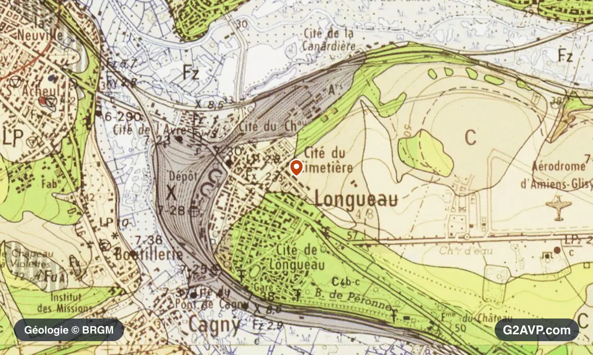 Carte géologique BRGM au 1/50 000 du secteur de Longueau : craie en formations dominantes, repère au centre de la commune