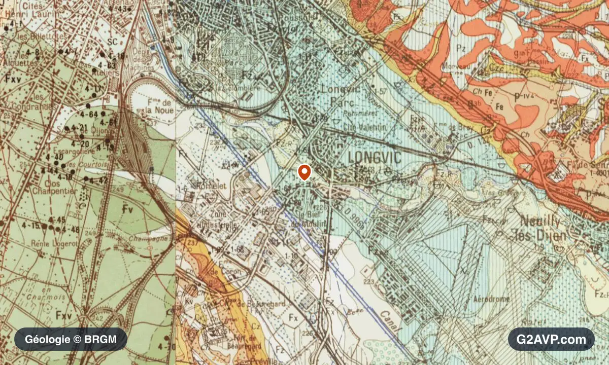 Carte géologique BRGM au 1/50 000 du secteur de Longvic : argiles en formations dominantes, repère au centre de la commune