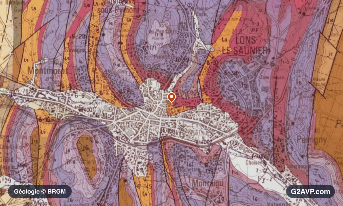 Carte géologique BRGM au 1/50 000 du secteur de Lons-le-Saunier : calcaires, marnes et gypse en formations dominantes, repère au centre de la commune