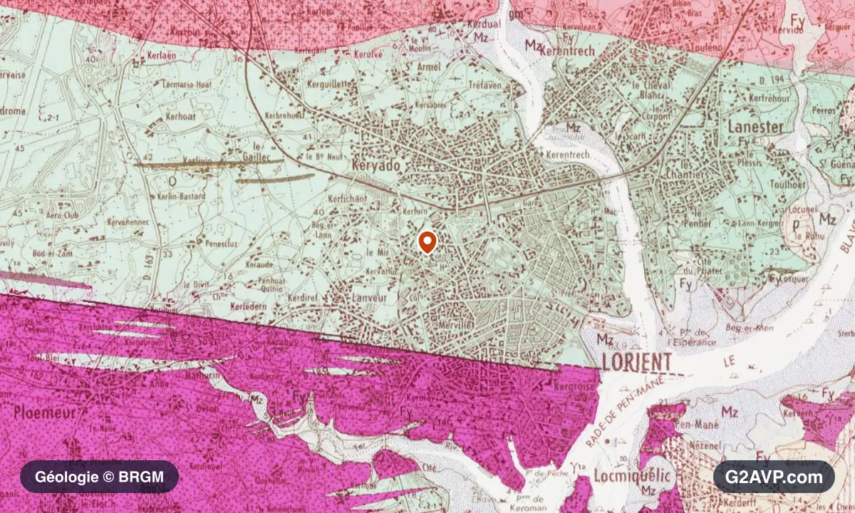 Carte géologique BRGM au 1/50 000 du secteur de Lorient : granites en formations dominantes, repère au centre de la commune