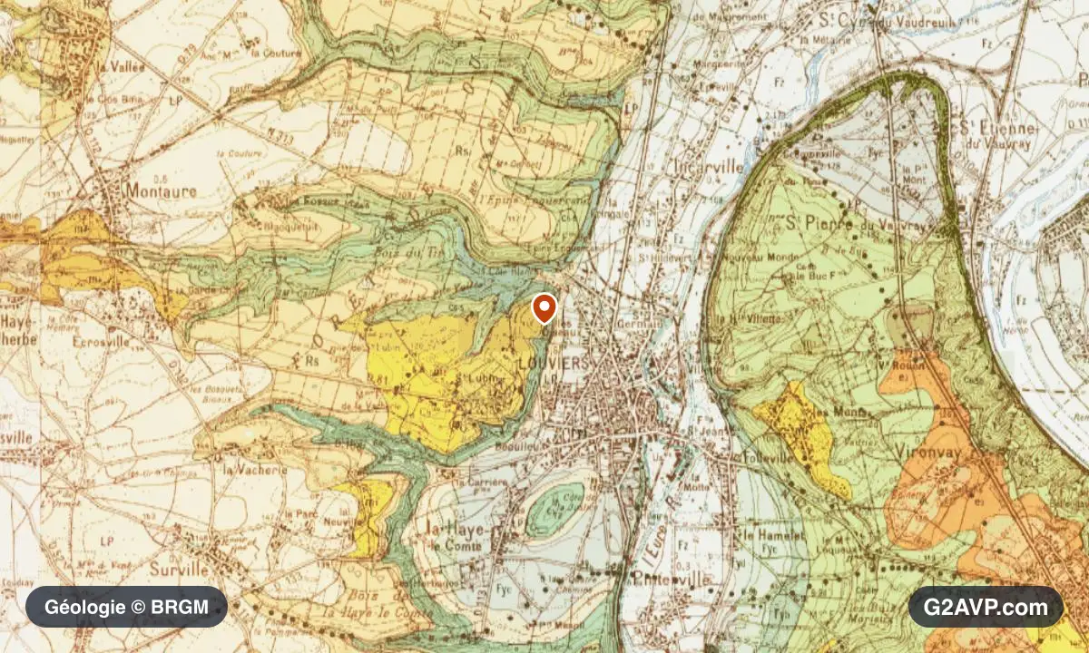 Carte géologique BRGM au 1/50 000 du secteur de Louviers : craie en formations dominantes, repère au centre de la commune