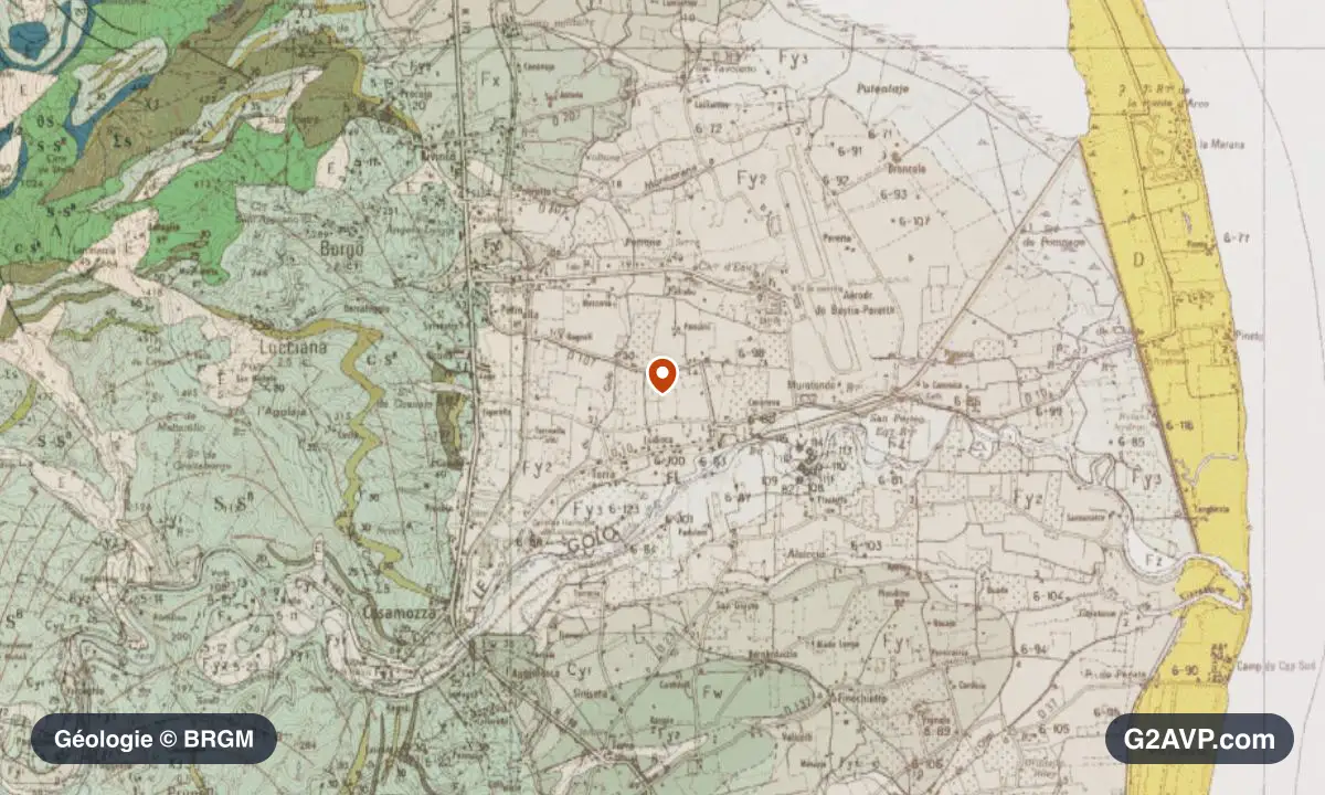 Carte géologique BRGM au 1/50 000 du secteur de Lucciana : sables en formations dominantes, repère au centre de la commune