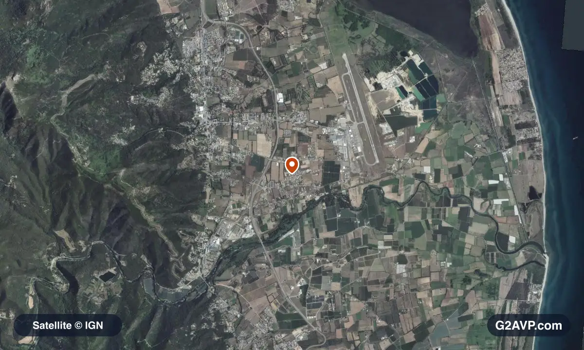Vue satellite (orthophoto IGN) du secteur de Lucciana, même emprise que la carte géologique