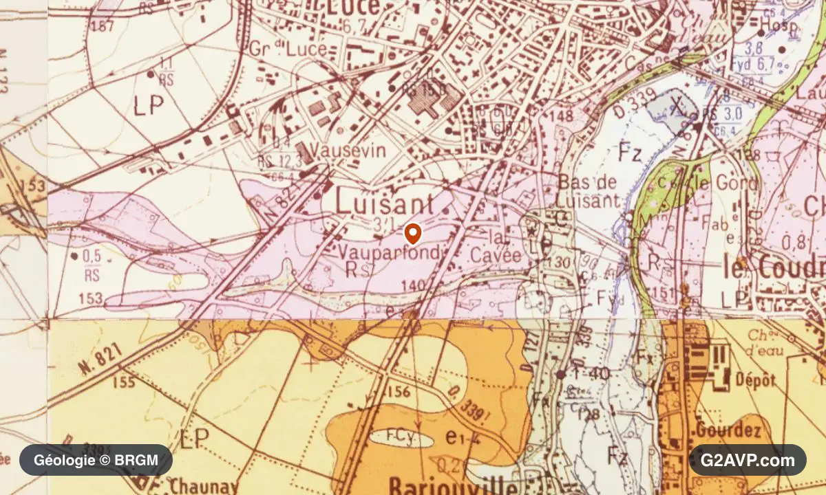 Carte géologique BRGM au 1/50 000 du secteur de Luisant : craie en formations dominantes, repère au centre de la commune