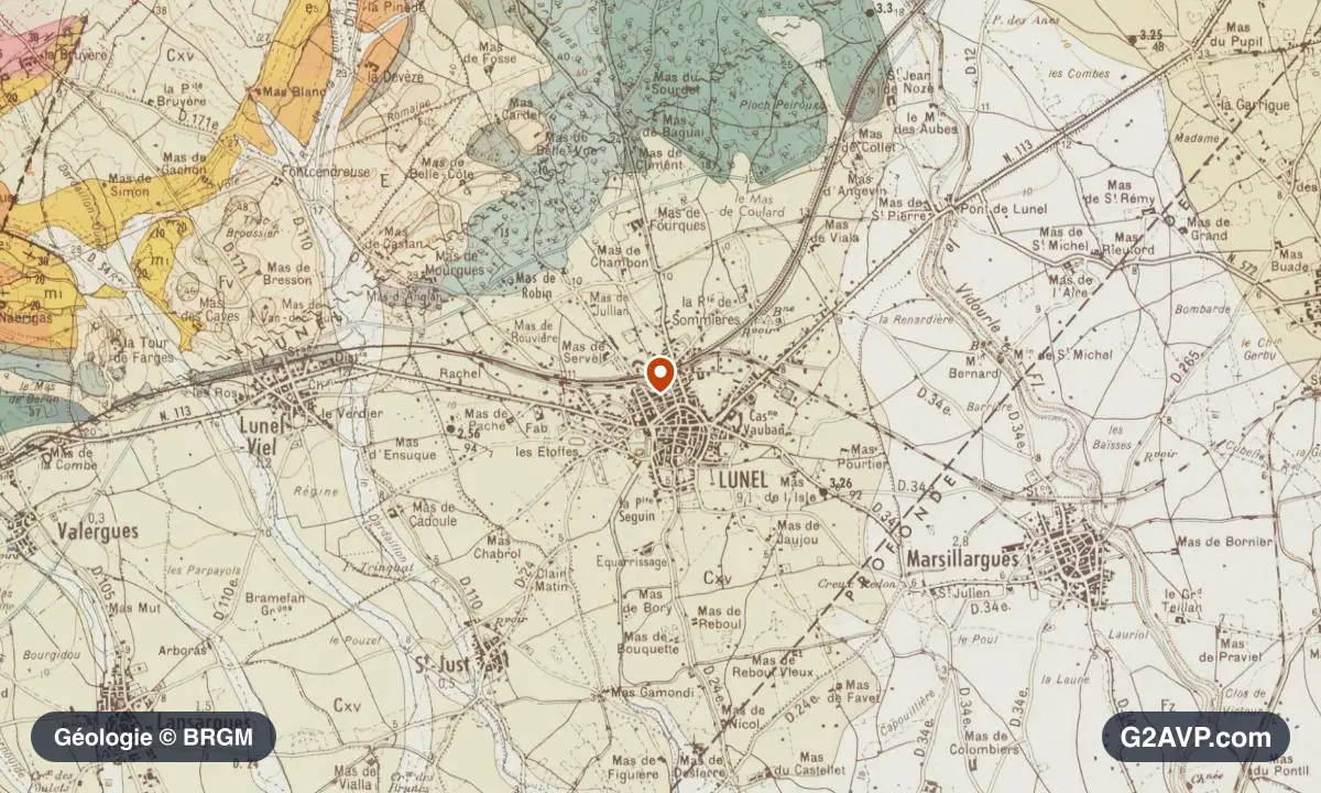 Carte géologique BRGM au 1/50 000 du secteur de Lunel : sables en formations dominantes, repère au centre de la commune