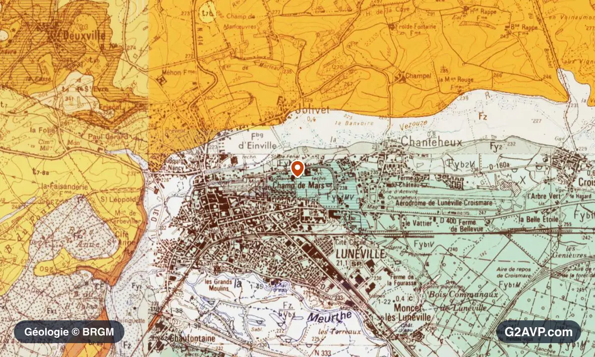 Carte géologique BRGM au 1/50 000 du secteur de Lunéville : argiles en formations dominantes, repère au centre de la commune