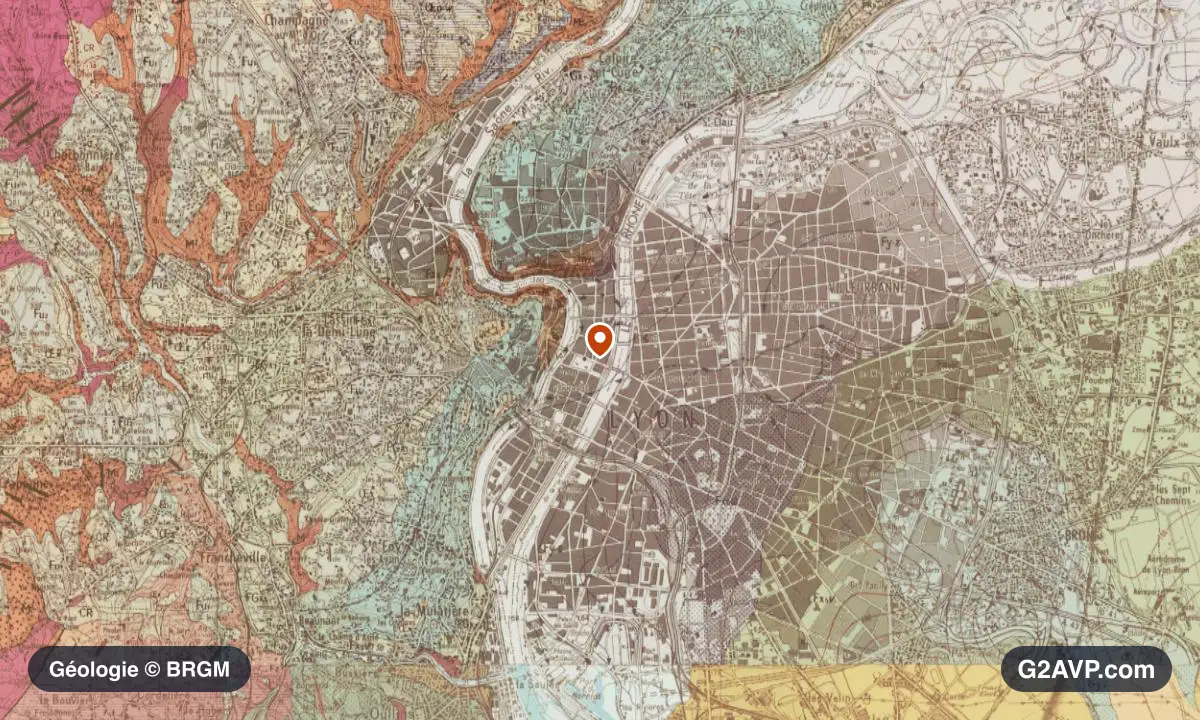 Carte géologique BRGM au 1/50 000 du secteur de Lyon : sables en formations dominantes, repère au centre de la commune