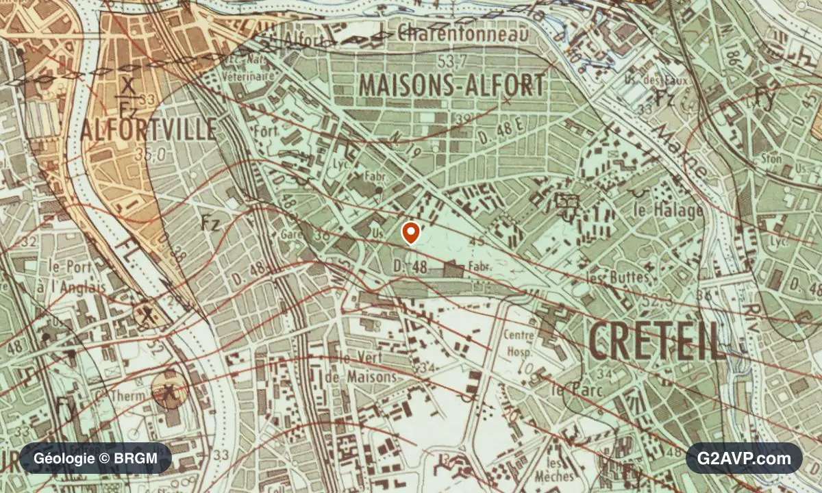 Carte géologique BRGM au 1/50 000 du secteur de Maisons-Alfort : argiles en formations dominantes, repère au centre de la commune
