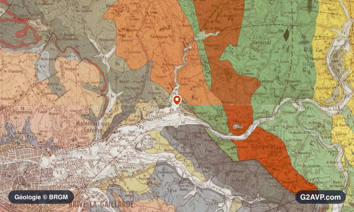 Carte géologique BRGM au 1/50 000 du secteur de Malemort : grès en formations dominantes, repère au centre de la commune