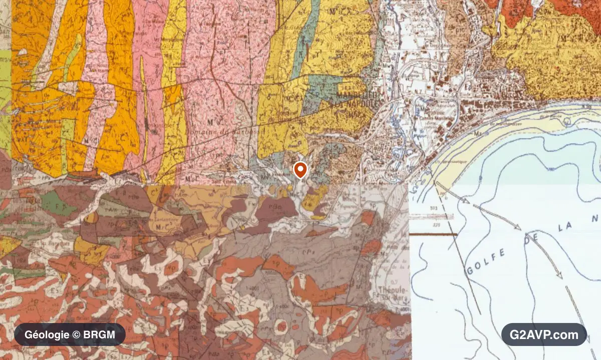 Carte géologique BRGM au 1/50 000 du secteur de Mandelieu-la-Napoule : sables en formations dominantes, repère au centre de la commune