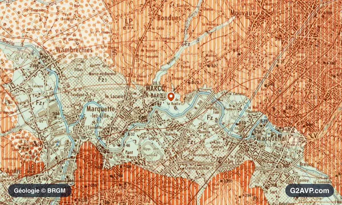 Carte géologique BRGM au 1/50 000 du secteur de Marcq-en-Barœul : sables en formations dominantes, repère au centre de la commune