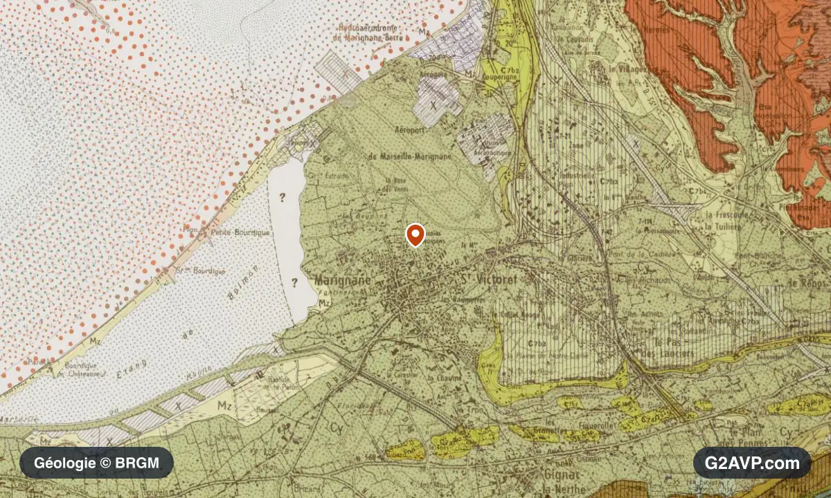Carte géologique BRGM au 1/50 000 du secteur de Marignane : argiles en formations dominantes, repère au centre de la commune