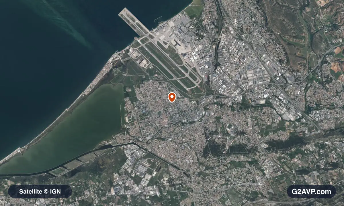 Vue satellite (orthophoto IGN) du secteur de Marignane, même emprise que la carte géologique