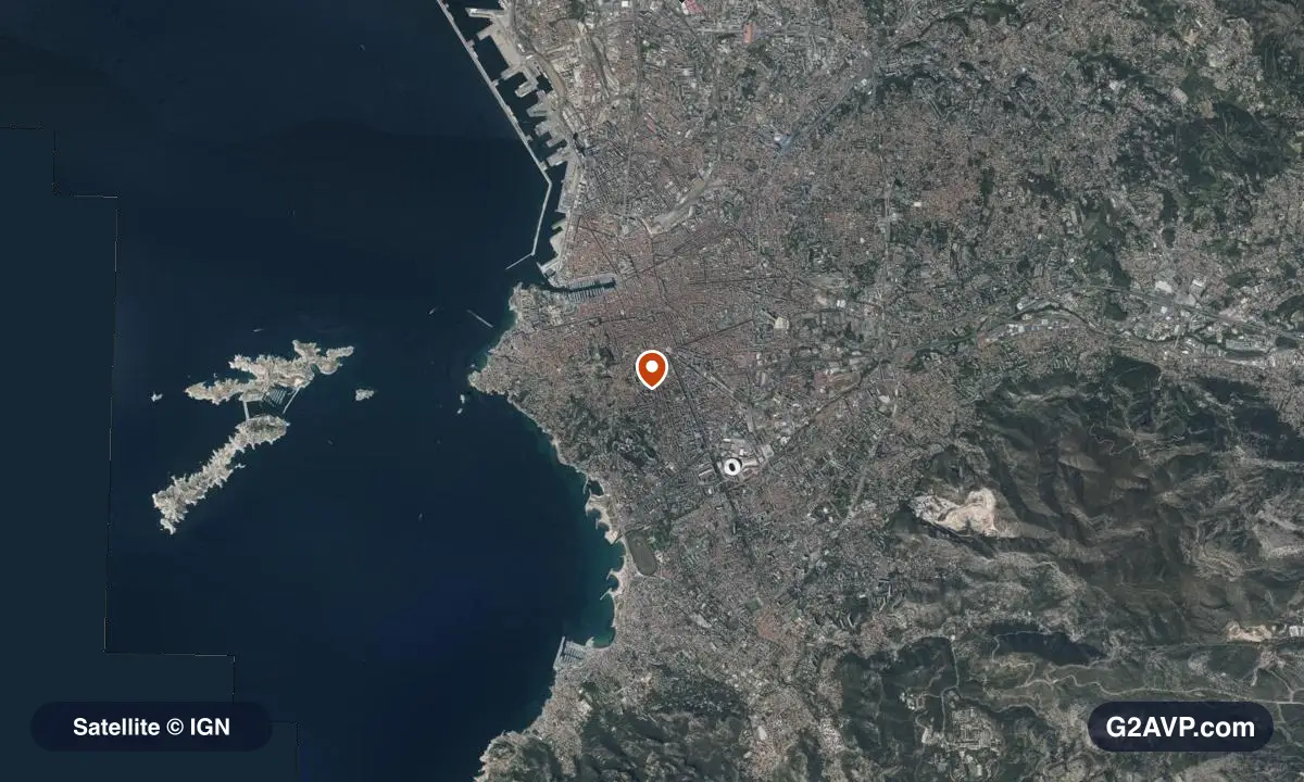 Vue satellite (orthophoto IGN) du secteur de Marseille, même emprise que la carte géologique