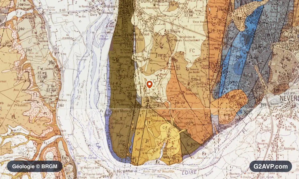 Carte géologique BRGM au 1/50 000 du secteur de Marzy : calcaires, marnes et gypse en formations dominantes, repère au centre de la commune