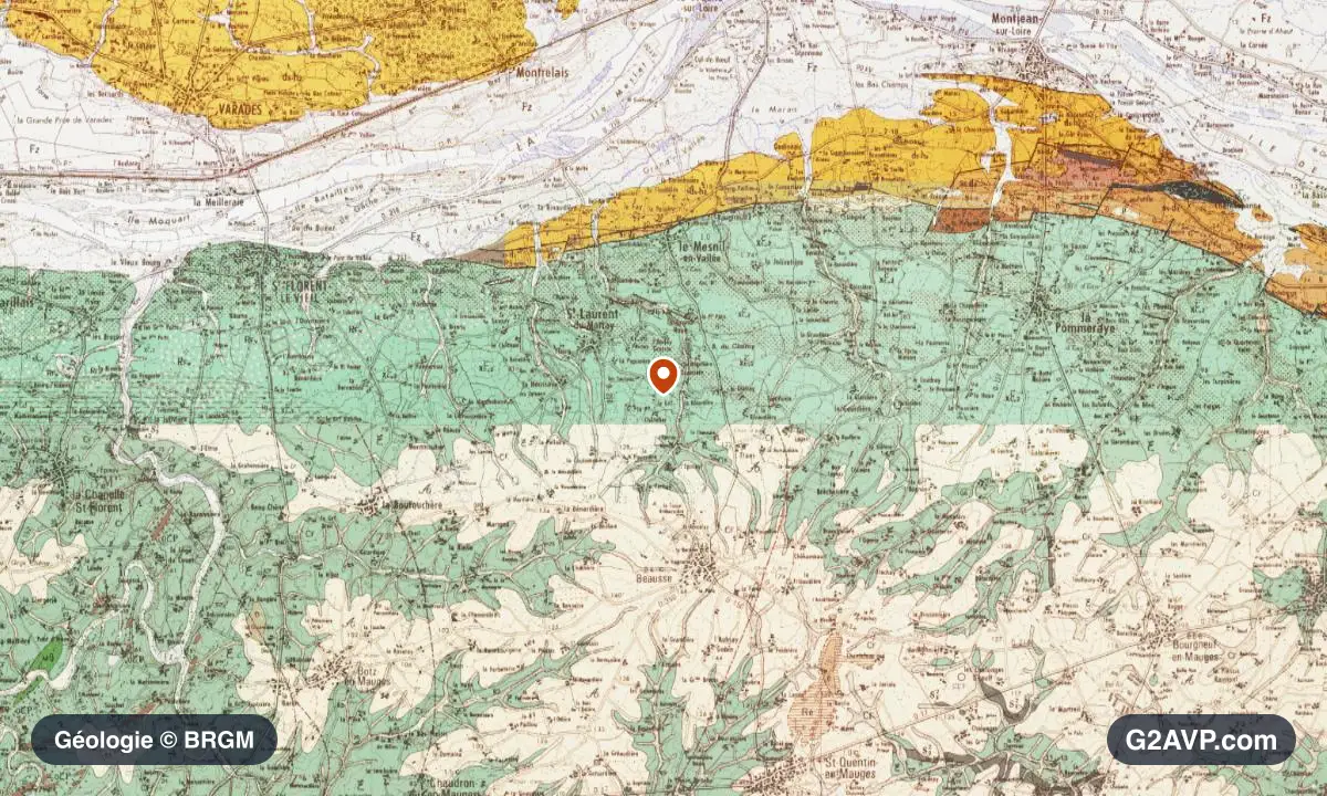 Carte géologique BRGM au 1/50 000 du secteur de Mauges-sur-Loire : argiles en formations dominantes, repère au centre de la commune