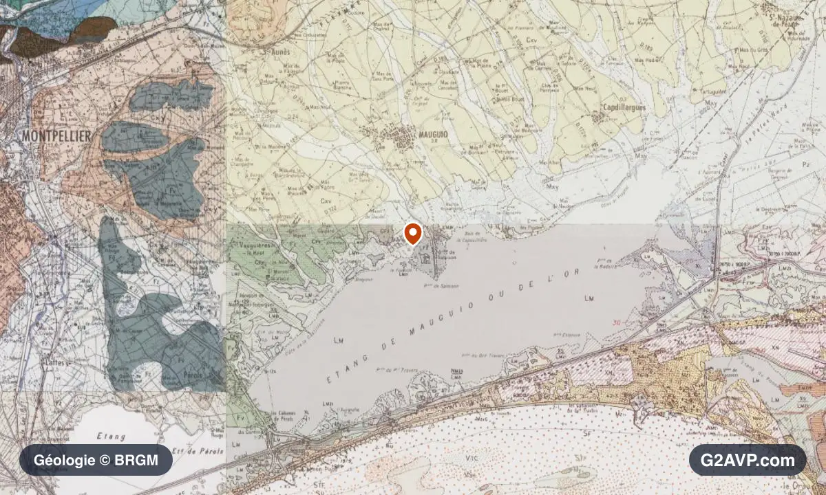 Carte géologique BRGM au 1/50 000 du secteur de Mauguio : sables en formations dominantes, repère au centre de la commune