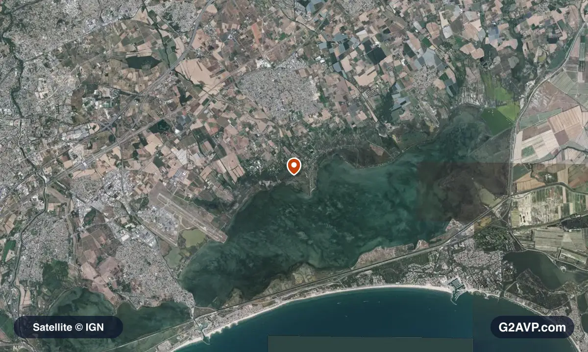 Vue satellite (orthophoto IGN) du secteur de Mauguio, même emprise que la carte géologique