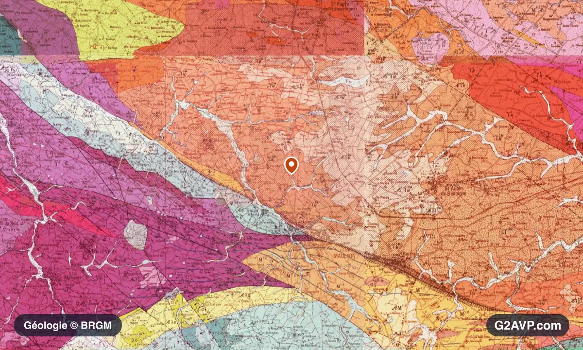 Carte géologique BRGM au 1/50 000 du secteur de Mauléon : granites en formations dominantes, repère au centre de la commune