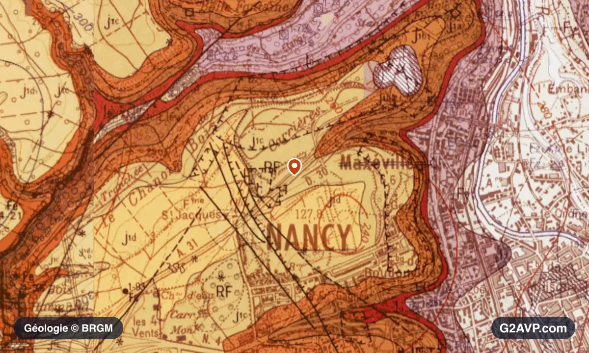Carte géologique BRGM au 1/50 000 du secteur de Maxéville : calcaires, marnes et gypse en formations dominantes, repère au centre de la commune