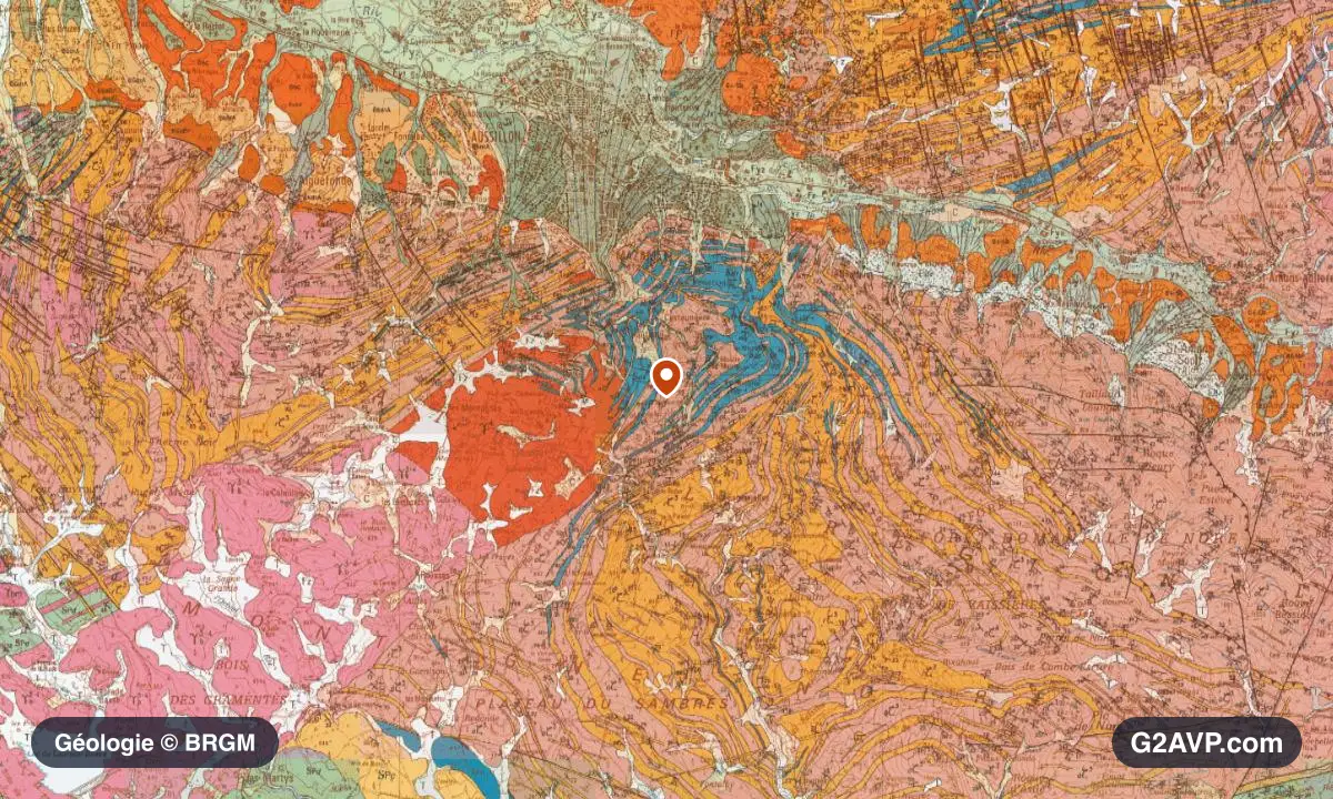Carte géologique BRGM au 1/50 000 du secteur de Mazamet : gneiss en formations dominantes, repère au centre de la commune