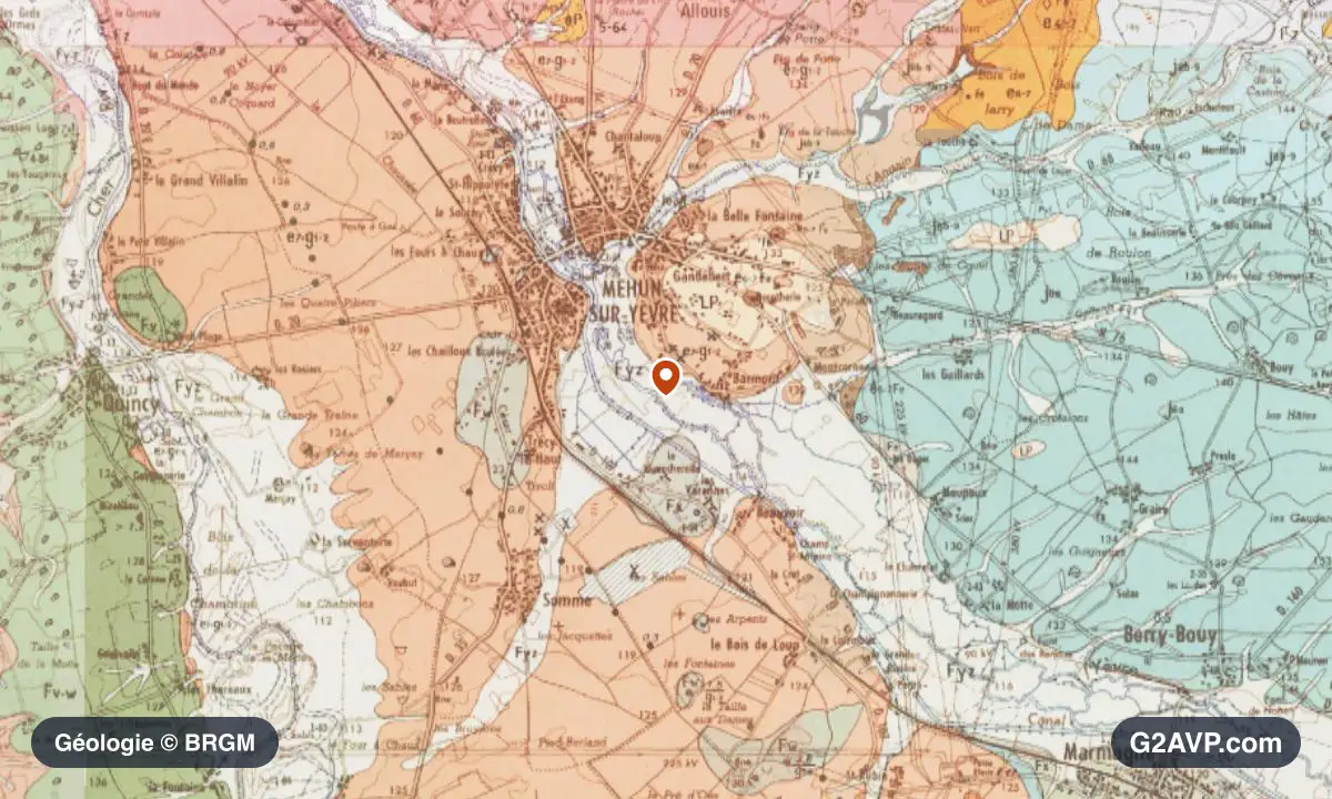 Carte géologique BRGM au 1/50 000 du secteur de Mehun-sur-Yèvre : calcaires, marnes et gypse en formations dominantes, repère au centre de la commune
