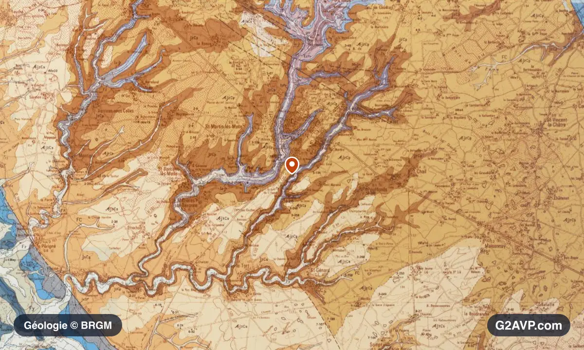 Carte géologique BRGM au 1/50 000 du secteur de Melle : calcaires, marnes et gypse en formations dominantes, repère au centre de la commune