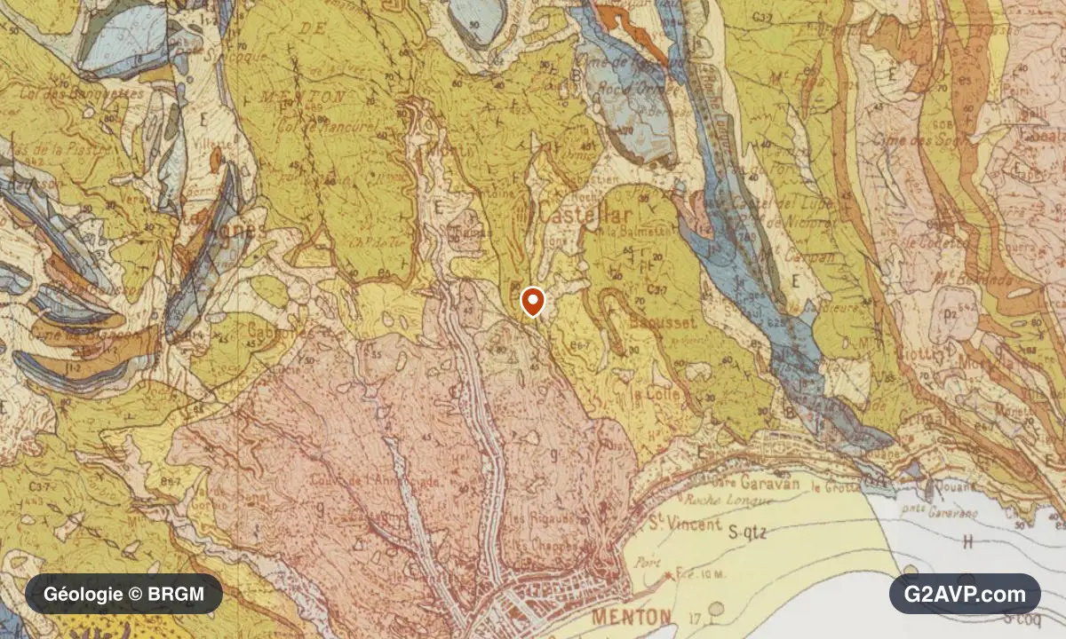 Carte géologique BRGM au 1/50 000 du secteur de Menton : grès en formations dominantes, repère au centre de la commune