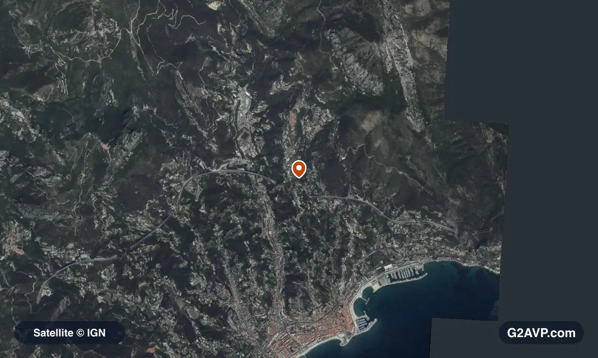Vue satellite (orthophoto IGN) du secteur de Menton, même emprise que la carte géologique
