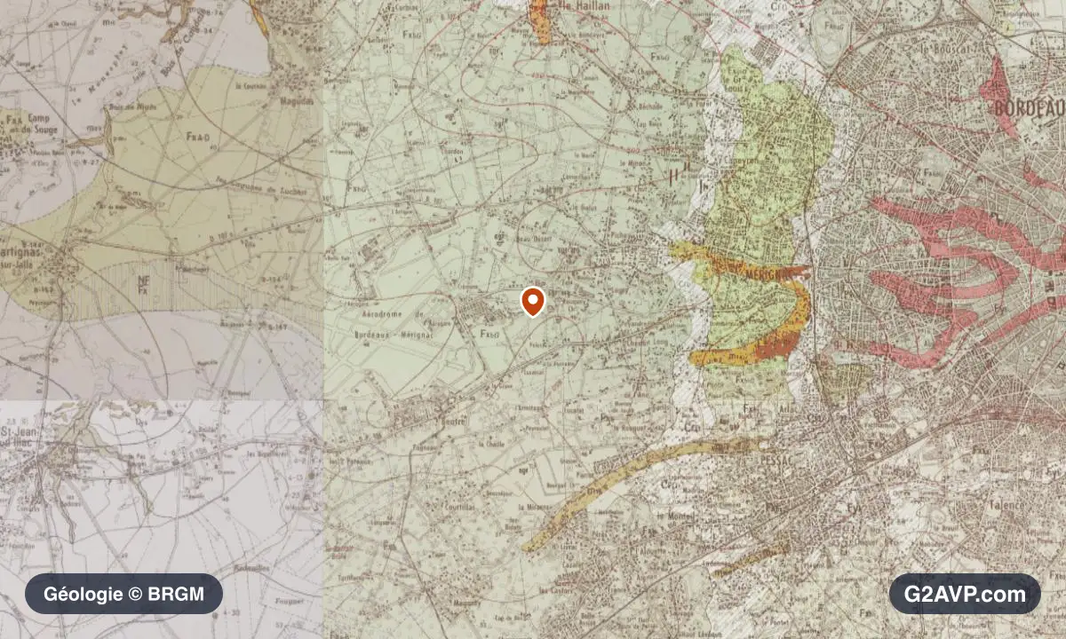 Carte géologique BRGM au 1/50 000 du secteur de Mérignac : sables en formations dominantes, repère au centre de la commune