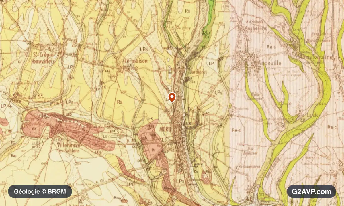 Carte géologique BRGM au 1/50 000 du secteur de Méru : craie en formations dominantes, repère au centre de la commune