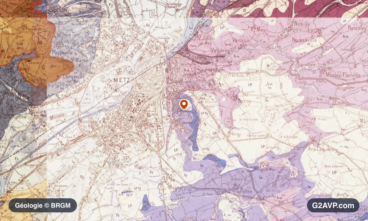 Carte géologique BRGM au 1/50 000 du secteur de Metz : calcaires, marnes et gypse en formations dominantes, repère au centre de la commune