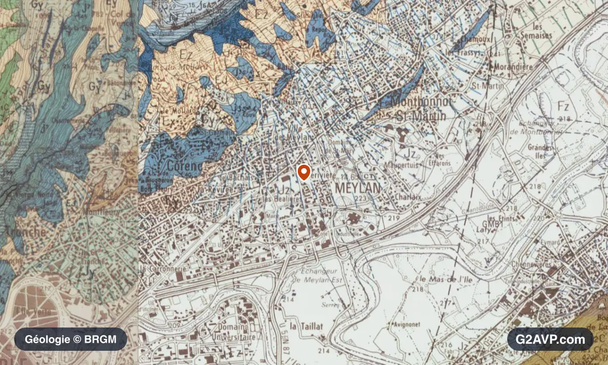 Carte géologique BRGM au 1/50 000 du secteur de Meylan : sables en formations dominantes, repère au centre de la commune