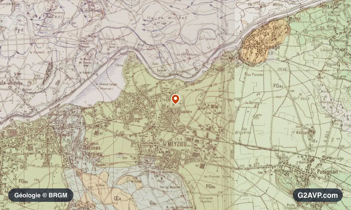 Carte géologique BRGM au 1/50 000 du secteur de Meyzieu : argiles en formations dominantes, repère au centre de la commune
