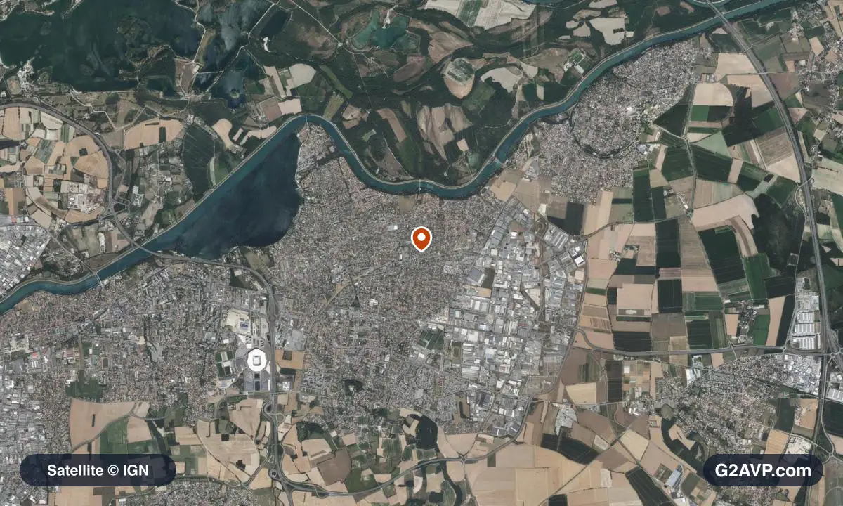 Vue satellite (orthophoto IGN) du secteur de Meyzieu, même emprise que la carte géologique
