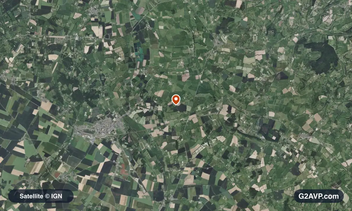Vue satellite (orthophoto IGN) du secteur de Mézidon Vallée d'Auge, même emprise que la carte géologique