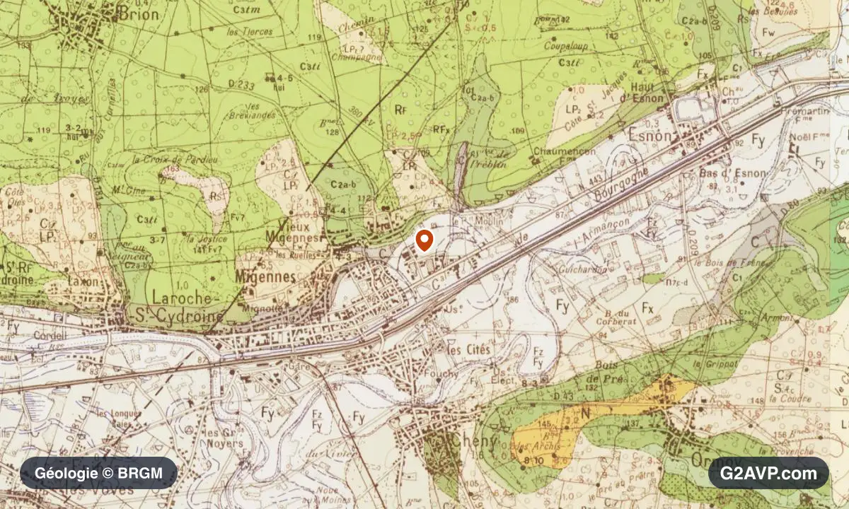 Carte géologique BRGM au 1/50 000 du secteur de Migennes : craie en formations dominantes, repère au centre de la commune