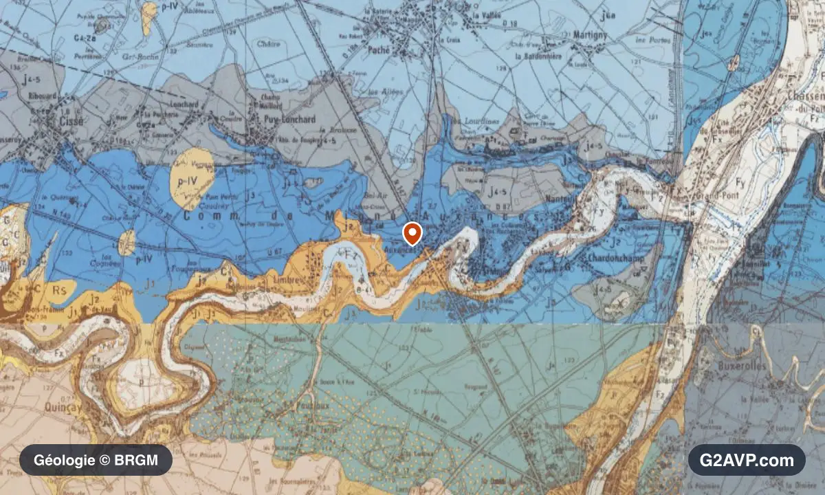 Carte géologique BRGM au 1/50 000 du secteur de Migné-Auxances : calcaires, marnes et gypse en formations dominantes, repère au centre de la commune