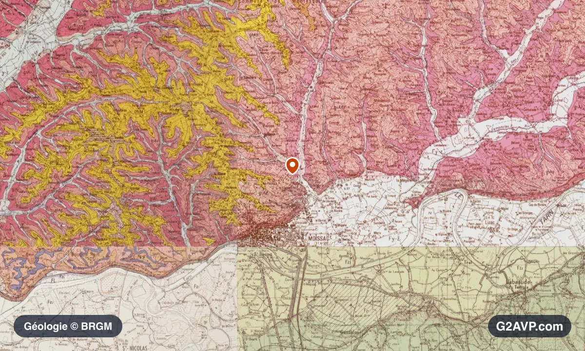 Carte géologique BRGM au 1/50 000 du secteur de Moissac : argiles en formations dominantes, repère au centre de la commune