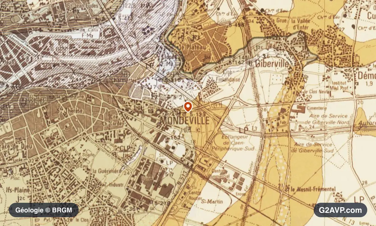 Carte géologique BRGM au 1/50 000 du secteur de Mondeville : calcaires, marnes et gypse en formations dominantes, repère au centre de la commune