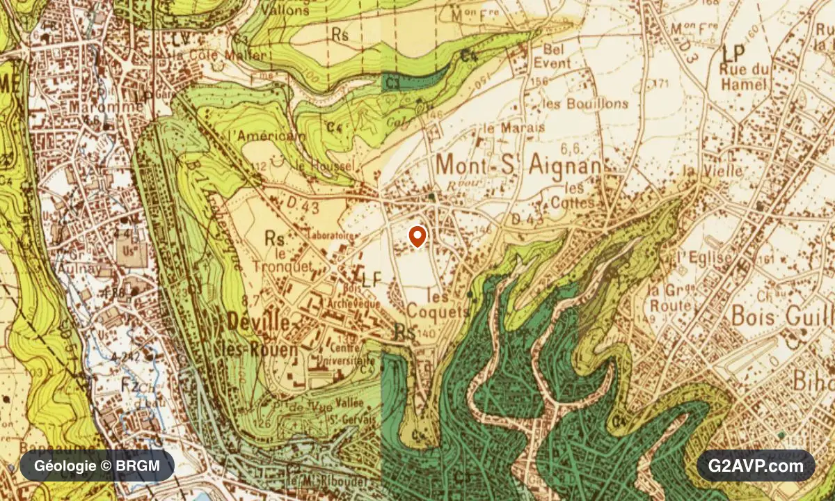 Carte géologique BRGM au 1/50 000 du secteur de Mont-Saint-Aignan : craie en formations dominantes, repère au centre de la commune