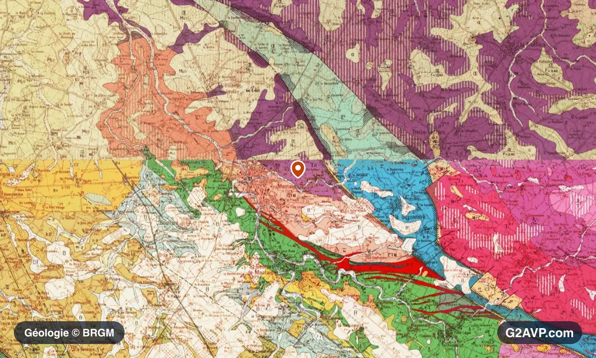 Carte géologique BRGM au 1/50 000 du secteur de Montaigu-Vendée : gneiss en formations dominantes, repère au centre de la commune
