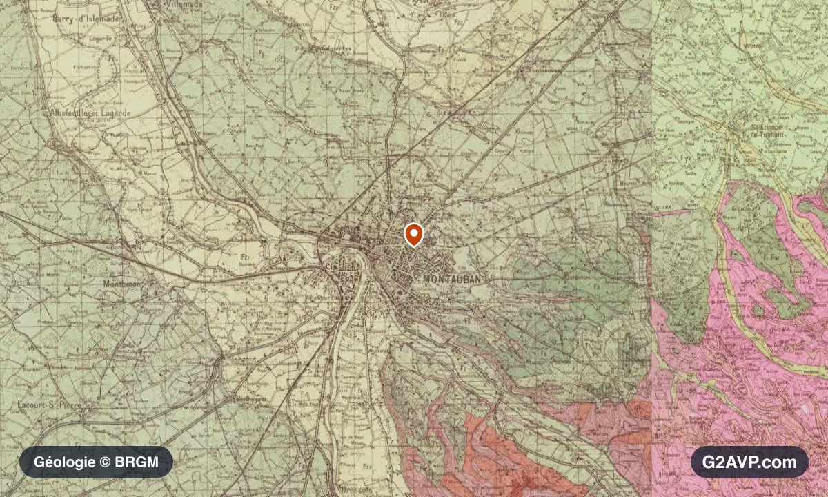 Carte géologique BRGM au 1/50 000 du secteur de Montauban : argiles en formations dominantes, repère au centre de la commune