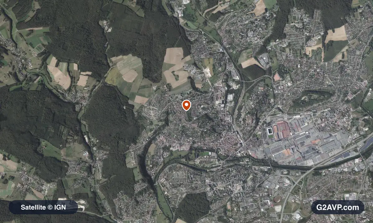 Vue satellite (orthophoto IGN) du secteur de Montbéliard, même emprise que la carte géologique